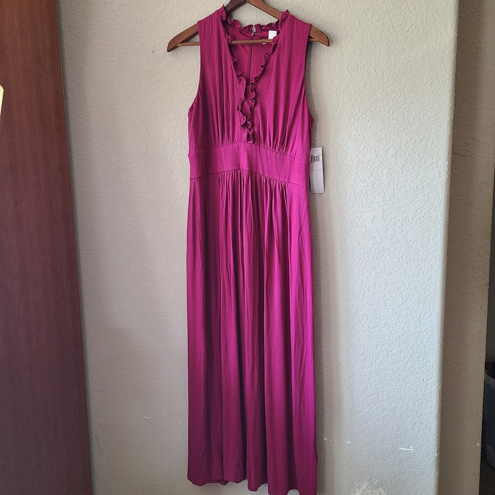 Womens Large London Times Maxi Dress Ruffle Sleeveless Tank Magenta Fuscia‎